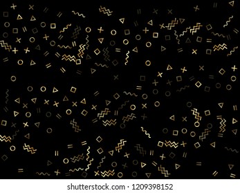 Gold geometric confetti vector memphis style background with triangle, circle, square shapes, zigzag and wavy line ribbons. Glossy 90s style bauhaus gold yellow tinsel confetti falling on black.