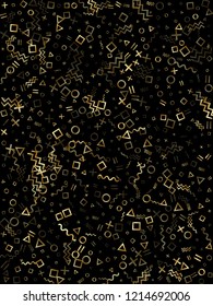 Gold geometric confetti vector memphis style background with triangle, circle, square shapes, zigzag and wavy line ribbons. Luxury 80s style memphis gold yellow tinsel party confetti on black.