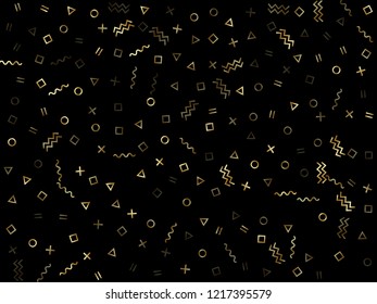 Gold geometric confetti vector memphis style background with triangle, circle, square shapes, chevron and wavy line ribbons. Mix 80s style memphis gold yellow tinsel confetti flying on black.