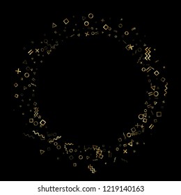 Gold geometric confetti vector memphis style background with triangle, circle, square shapes, zigzag and wavy line ribbons. Luxury 80s style memphis gold yellow sparkle confetti flying on black.