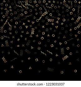 Gold geometric confetti vector memphis style background with triangle, circle, square shapes, chevron and wavy line ribbons. Glossy 80s style memphis gold yellow sparkle confetti falling on black.