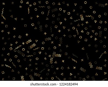 Gold geometric confetti vector memphis style background with triangle, circle, square shapes, zigzag and wavy line ribbons. Shiny 90s style bauhaus gold yellow tinsel party confetti on black.