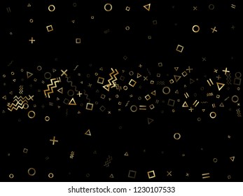 Gold geometric confetti vector memphis style background with triangle, circle, square shapes, zigzag and wavy line ribbons. Small 90s style memphis gold yellow sparkle party confetti on black.