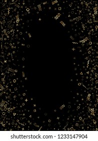 Gold geometric confetti vector memphis style background with triangle, circle, square shapes, chevron and wavy line ribbons. Simple 90s style bauhaus gold glitter confetti falling on black.