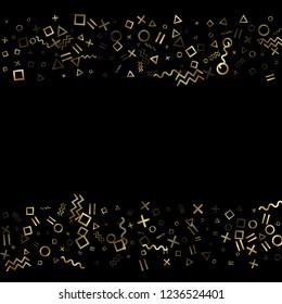 Gold geometric confetti vector memphis style background with triangle, circle, square shapes, zigzag and wavy line ribbons. Cool 80s style bauhaus gold yellow sparkle confetti falling on black.