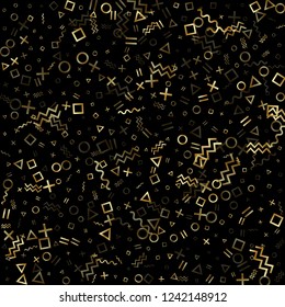 Gold geometric confetti vector memphis style background with triangle, circle, square shapes, zigzag and wavy line ribbons. Trendy 80s style bauhaus gold yellow sparkle party confetti on black.