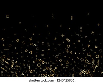 Gold geometric confetti vector memphis style background with triangle, circle, square shapes, chevron and wavy line ribbons. Fancy 90s style bauhaus gold yellow glitter confetti falling on black.