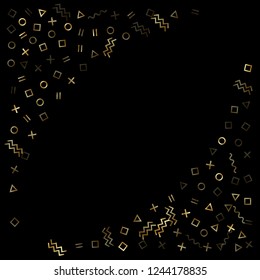Gold geometric confetti vector memphis style background with triangle, circle, square shapes, zigzag and wavy line ribbons. Shining 80s style bauhaus gold glitter party confetti on black.