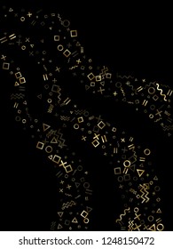 Gold geometric confetti vector memphis style background with triangle, circle, square shapes, zigzag and wavy line ribbons. Small 80s style memphis gold yellow glitter confetti falling on black.