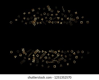 Gold geometric confetti vector memphis style background with triangle, circle, square shapes, zigzag and wavy line ribbons. Festive 80s style memphis gold tinsel confetti flying on black.