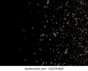 Gold geometric confetti vector memphis style background with triangle, circle, square shapes, zigzag and wavy line ribbons. Cool 90s style bauhaus gold sparkle party confetti on black.