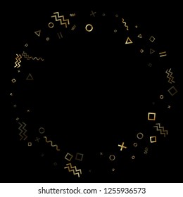 Gold geometric confetti vector memphis style background with triangle, circle, square shapes, chevron and wavy line ribbons. Flat 80s style memphis gold yellow glitter confetti falling on black.