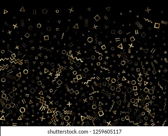 Gold geometric confetti vector memphis style background with triangle, circle, square shapes, chevron and wavy line ribbons. Festive 80s style memphis gold tinsel party confetti on black.