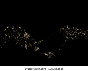 Gold geometric confetti vector memphis style background with triangle, circle, square shapes, chevron and wavy line ribbons. Flat 80s style memphis gold yellow tinsel party confetti on black.