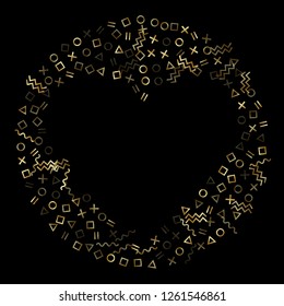 Gold geometric confetti vector memphis style background with triangle, circle, square shapes, chevron and wavy line ribbons. Fancy 90s style bauhaus gold yellow tinsel party confetti on black.