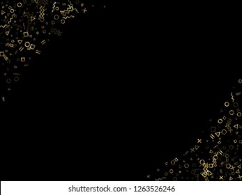 Gold geometric confetti vector memphis style background with triangle, circle, square shapes, chevron and wavy line ribbons. Vintage 80s style bauhaus gold sparkle confetti falling on black.
