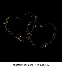 Gold geometric confetti vector memphis style background with triangle, circle, square shapes, chevron and wavy line ribbons. Trendy 80s style bauhaus gold sparkle confetti flying on black.