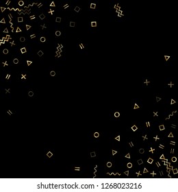 Gold geometric confetti vector memphis style background with triangle, circle, square shapes, chevron and wavy line ribbons. Glossy 90s style memphis gold yellow tinsel confetti falling on black.