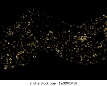 Gold geometric confetti vector memphis style background with triangle, circle, square shapes, chevron and wavy line ribbons. Simple 80s style bauhaus gold sparkle party confetti on black.