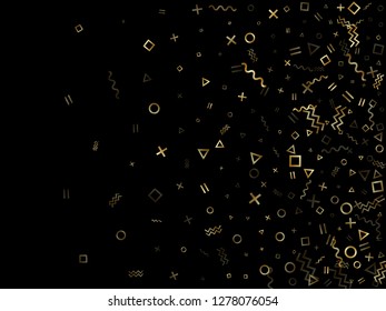 Gold geometric confetti vector memphis style background with triangle, circle, square shapes, chevron and wavy line ribbons. Luxury 80s style memphis gold yellow tinsel confetti falling on black.