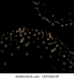 Gold geometric confetti vector memphis style background with triangle, circle, square shapes, zigzag and wavy line ribbons. Small 80s style memphis gold glitter confetti falling on black.