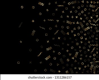 Gold geometric confetti vector memphis style background with triangle, circle, square shapes, chevron and wavy line ribbons. Small 90s style memphis gold glitter confetti flying on black.