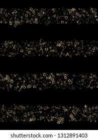 Gold geometric confetti vector memphis style background with triangle, circle, square shapes, chevron and wavy line ribbons. Modern 90s style memphis gold yellow sparkle party confetti on black.