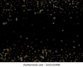 Gold geometric confetti vector memphis style background with triangle, circle, square shapes, chevron and wavy line ribbons. Modern 90s style bauhaus gold yellow glitter confetti flying on black.