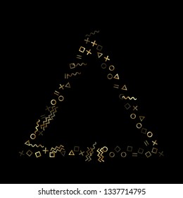 Gold geometric confetti vector memphis style background with triangle, circle, square shapes, zigzag and wavy line ribbons. Shining 90s style bauhaus gold yellow sparkle party confetti on black.