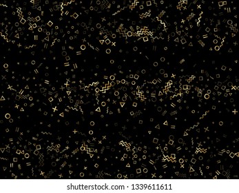 Gold geometric confetti vector memphis style background with triangle, circle, square shapes, zigzag and wavy line ribbons. Cool 80s style memphis gold glitter party confetti on black.