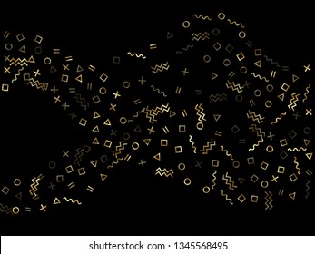 Gold geometric confetti vector memphis style background with triangle, circle, square shapes, zigzag and wavy line ribbons. Shiny 90s style bauhaus gold tinsel confetti falling on black.