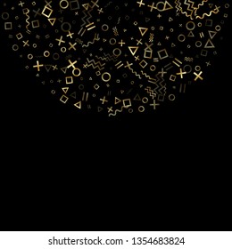 Gold geometric confetti vector memphis style background with triangle, circle, square shapes, chevron and wavy line ribbons. Digital 90s style memphis gold tinsel party confetti on black.