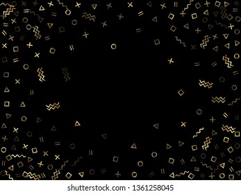 Gold geometric confetti vector memphis style background with triangle, circle, square shapes, chevron and wavy line ribbons. Modern 90s style memphis gold glitter party confetti on black.