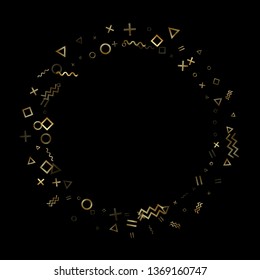 Gold geometric confetti vector memphis style background with triangle, circle, square shapes, chevron and wavy line ribbons. Mix 90s style bauhaus gold yellow sparkle confetti flying on black.