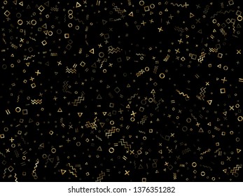 Gold geometric confetti vector memphis style background with triangle, circle, square shapes, zigzag and wavy line ribbons. Small 80s style bauhaus gold tinsel confetti flying on black.