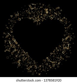 Gold geometric confetti vector memphis style background with triangle, circle, square shapes, chevron and wavy line ribbons. Glossy 80s style memphis gold tinsel confetti flying on black.