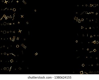 Gold geometric confetti vector memphis style background with triangle, circle, square shapes, zigzag and wavy line ribbons. Tinsel 80s style memphis gold yellow tinsel party confetti on black.