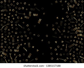Gold geometric confetti vector memphis style background with triangle, circle, square shapes, chevron and wavy line ribbons. Shiny 80s style bauhaus gold yellow glitter party confetti on black.