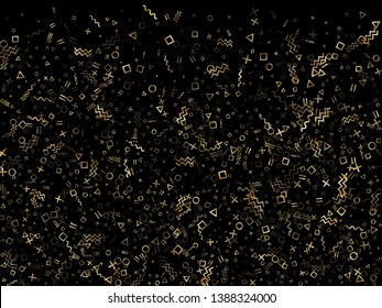 Gold geometric confetti vector memphis style background with triangle, circle, square shapes, chevron and wavy line ribbons. Glowing 90s style memphis gold glitter party confetti on black.