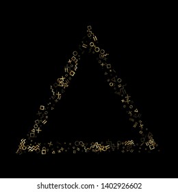 Gold geometric confetti vector memphis style background with triangle, circle, square shapes, zigzag and wavy line ribbons. Festive 90s style bauhaus gold sparkle confetti flying on black.