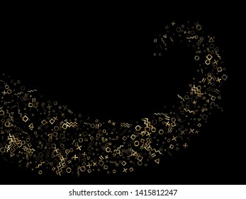 Gold geometric confetti vector memphis style background with triangle, circle, square shapes, chevron and wavy line ribbons. Retro 80s style memphis gold yellow tinsel confetti flying on black.