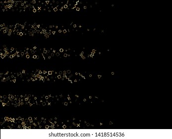 Gold geometric confetti vector memphis style background with triangle, circle, square shapes, chevron and wavy line ribbons. Shining 80s style bauhaus gold yellow sparkle confetti flying on black.