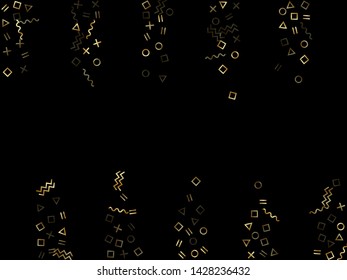 Gold geometric confetti vector memphis style background with triangle, circle, square shapes, chevron and wavy line ribbons. Trendy 80s style bauhaus gold sparkle party confetti on black.