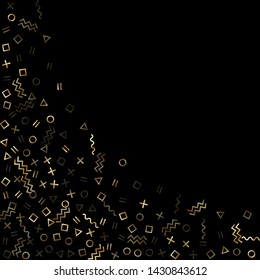 Gold geometric confetti vector memphis style background with triangle, circle, square shapes, chevron and wavy line ribbons. Digital 80s style bauhaus gold yellow sparkle party confetti on black.
