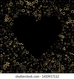 Gold geometric confetti vector memphis style background with triangle, circle, square shapes, zigzag and wavy line ribbons. Shiny 90s style bauhaus gold yellow glitter party confetti on black.