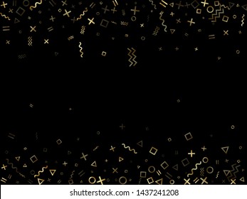 Gold geometric confetti vector memphis style background with triangle, circle, square shapes, zigzag and wavy line ribbons. Digital 80s style memphis gold yellow sparkle party confetti on black.