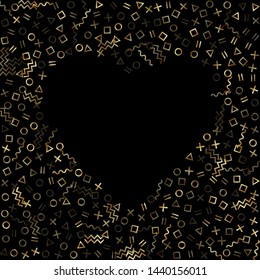 Gold geometric confetti vector memphis style background with triangle, circle, square shapes, zigzag and wavy line ribbons. Small 80s style memphis gold sparkle confetti flying on black.