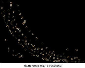 Gold geometric confetti vector memphis style background with triangle, circle, square shapes, chevron and wavy line ribbons. Minimal 90s style bauhaus gold glitter confetti flying on black.