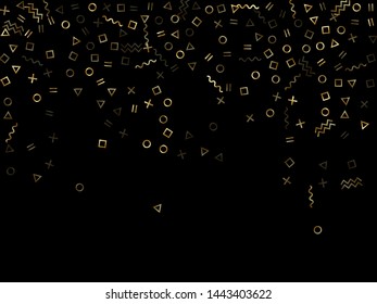 Gold geometric confetti vector memphis style background with triangle, circle, square shapes, chevron and wavy line ribbons. Festive 90s style memphis gold sparkle confetti flying on black.