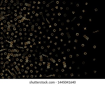 Gold geometric confetti vector memphis style background with triangle, circle, square shapes, chevron and wavy line ribbons. Shining 90s style memphis gold tinsel party confetti on black.